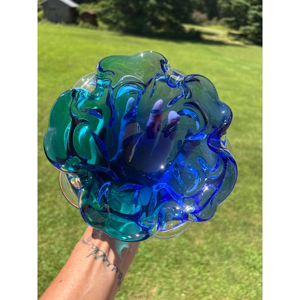 Vintage Murano Style Art Glass Ruffled Bowl Cobalt Blue Emerald Green 7 Inch - Picture 2 of 9